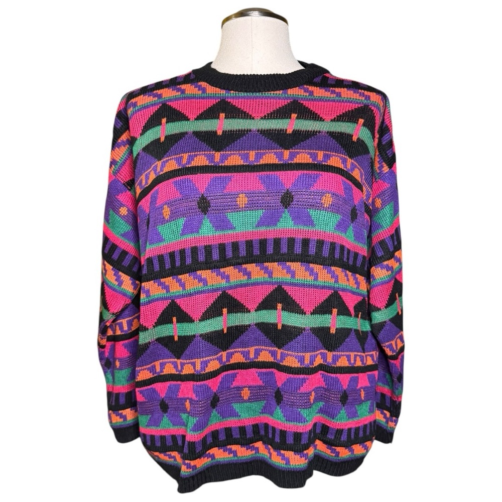 Kimberly Hunter Colorful Bright Vintage Fair Isle 80s Sweater